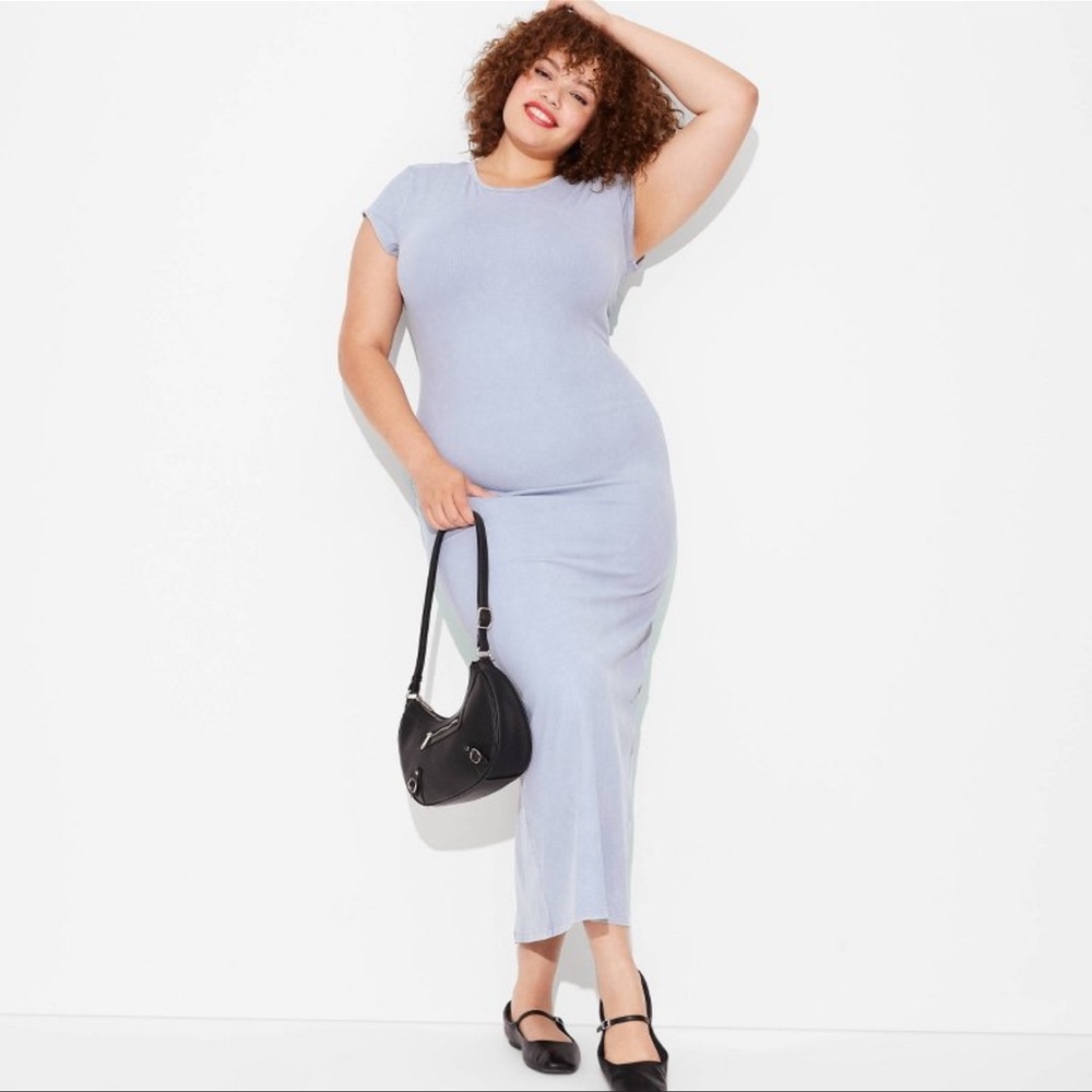 NWT Wild Fable Women's Rib-Knit Short Sleeve Maxi T-Shirt Dress - Bluish gray